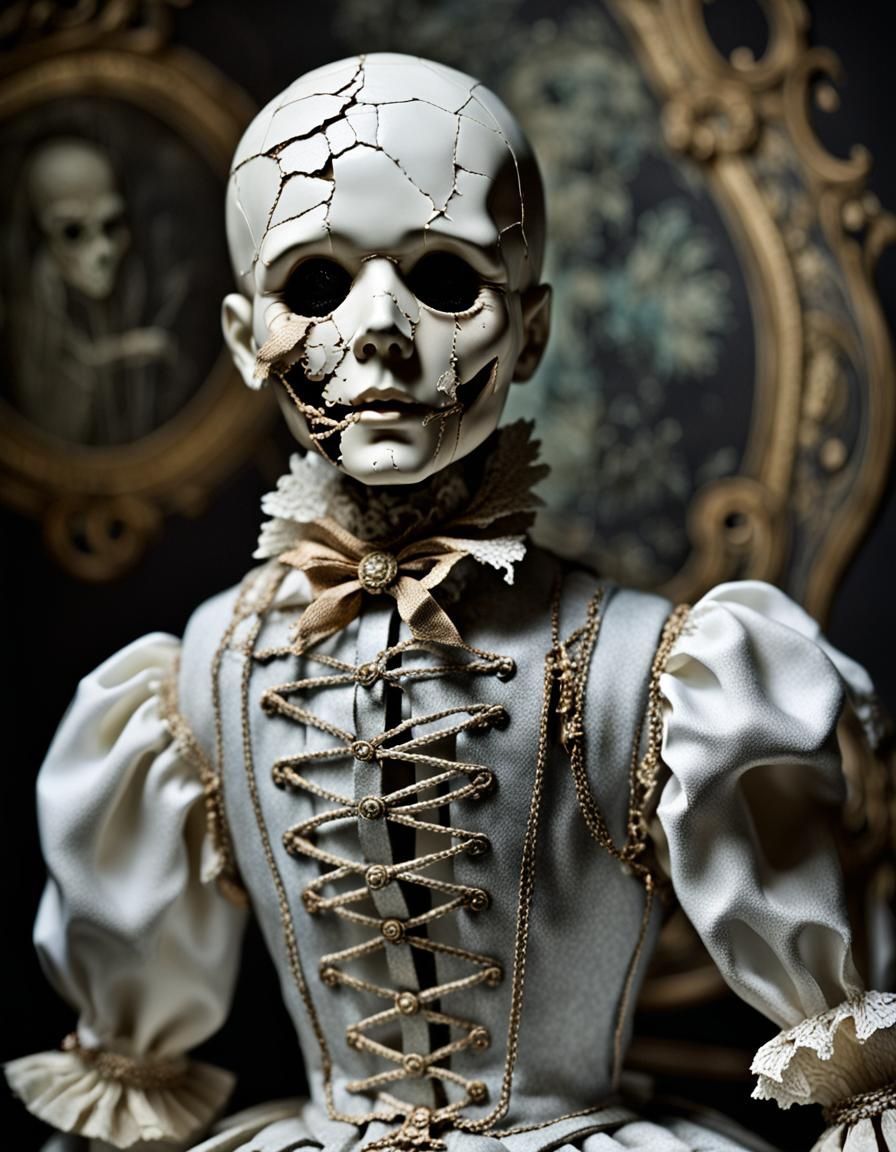 Haunted Porcelain Doll: Elegant Shattered Marionette