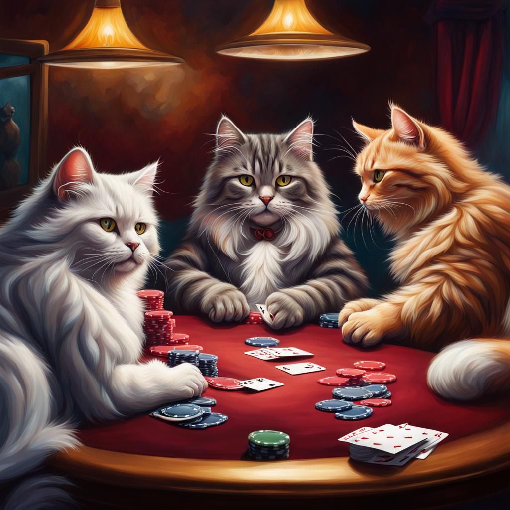 Hyperrealistic Cats Playing Poker in Splash Art Style