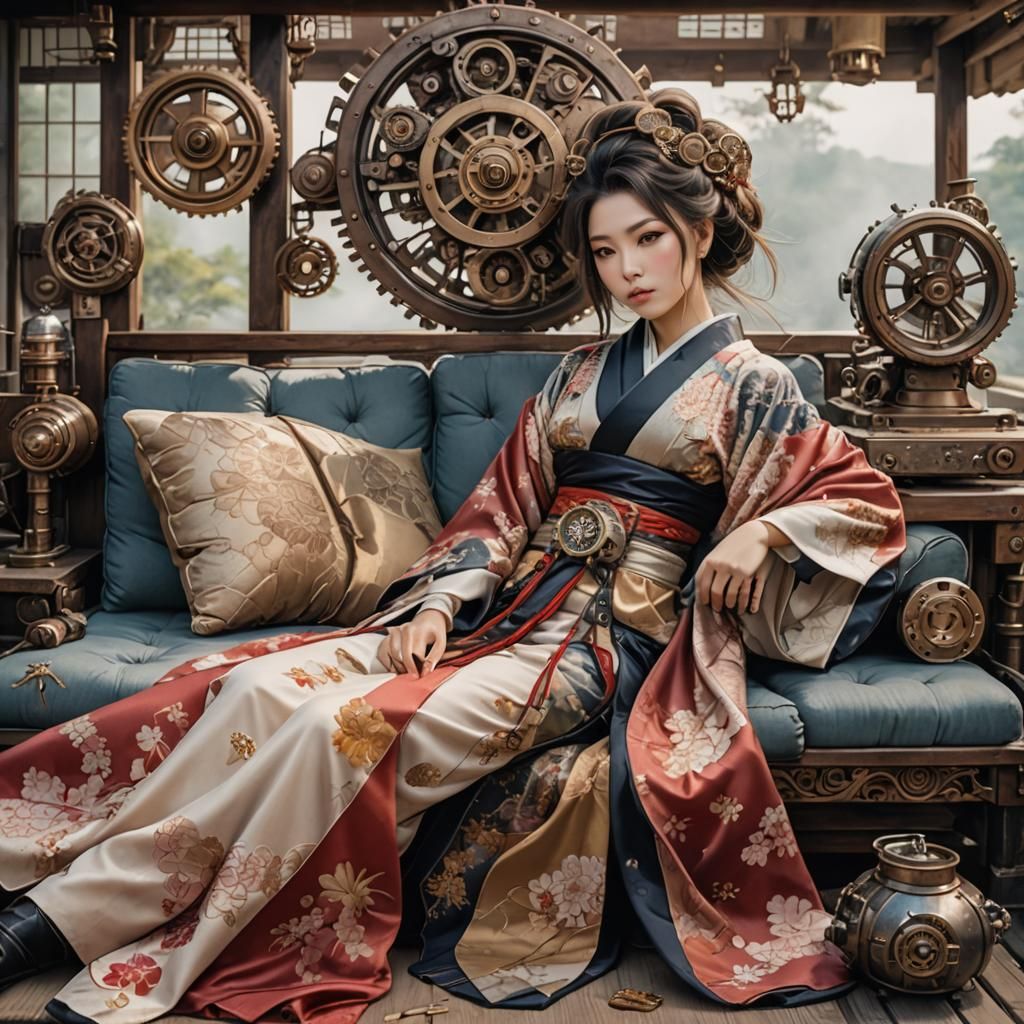 Steampunk Kimono: Serene Japanese Woman Outdoors