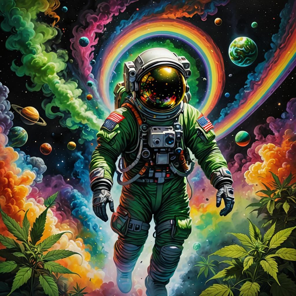 Astronaut in Cannabis Suit: Surreal Sci-Fi Art