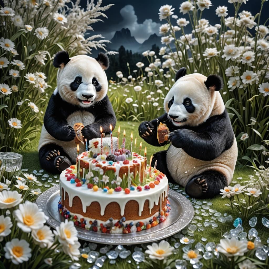 A hyperreal crystal pandas eating birthday cake in the backg...
