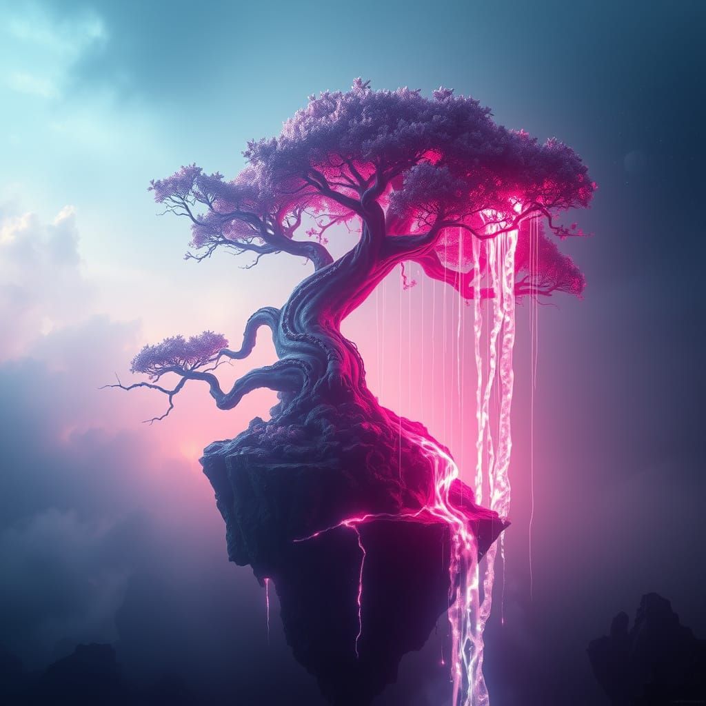 Cyberpunk Biomechanical Tree Blooms on Obsidian Island