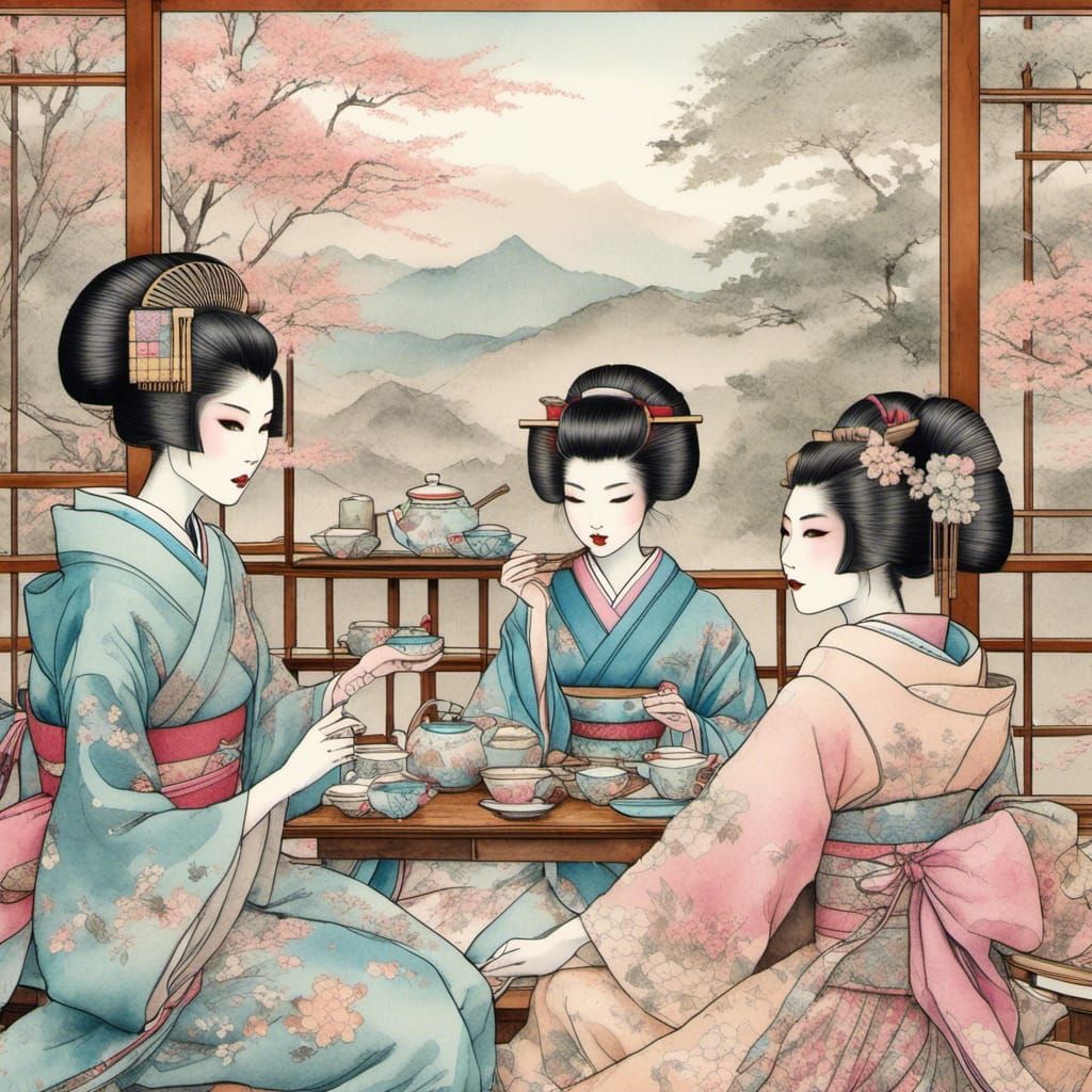 Pastel Geisha Prepares Japanese Tea Service