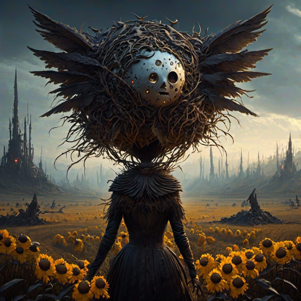 Eerie Scarecrow Portrait in Dark Surrealist Style