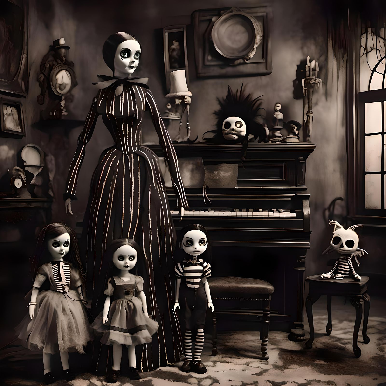 <lora:Dolls:1.0> A beautiful masterpiece of the doll Wednesday from the Addams family standing next to the doll Beetleju...