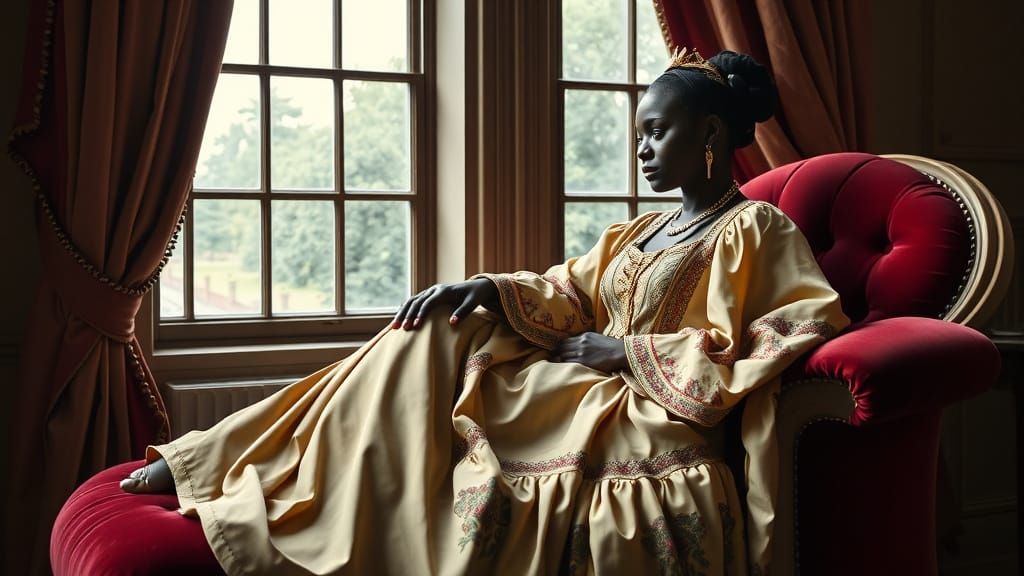 Elegantly Dressed Woman in Renaissance-Inspired Window