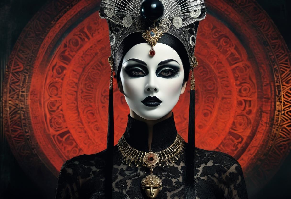 Eerie Queen in Venetian Mask: Surreal Dystopian Art