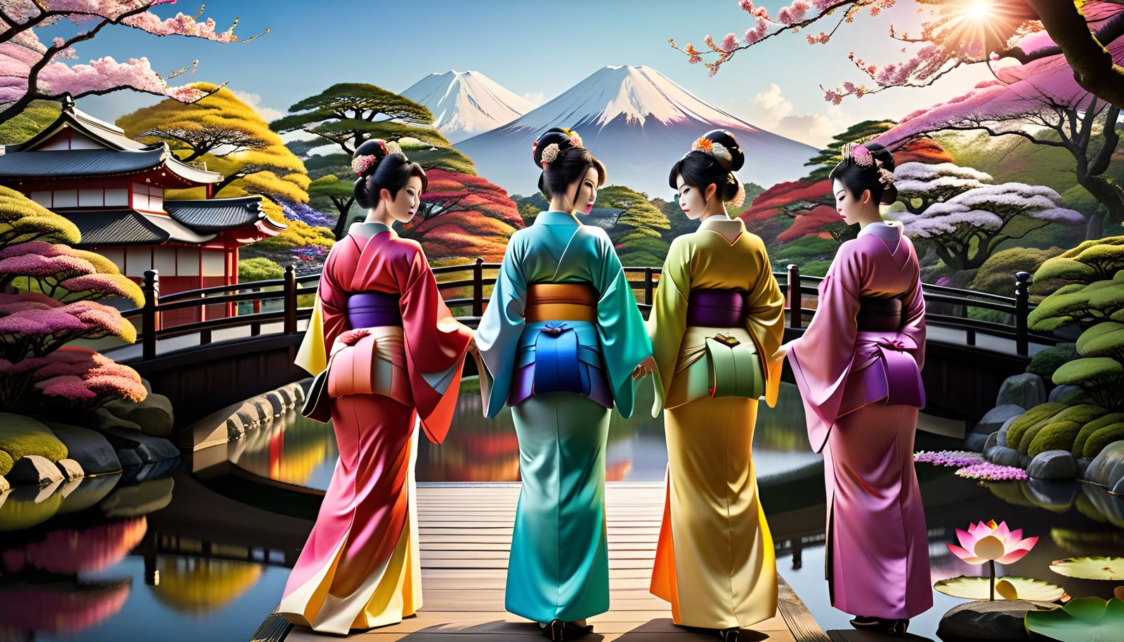 Rainbow Geishas on a Lotus Bridge: 3D Rendered Art