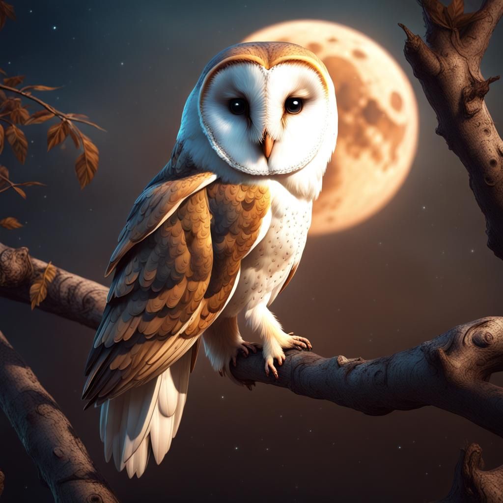 Barn Owl on Branch Before Moon: Detailed Matte Painting