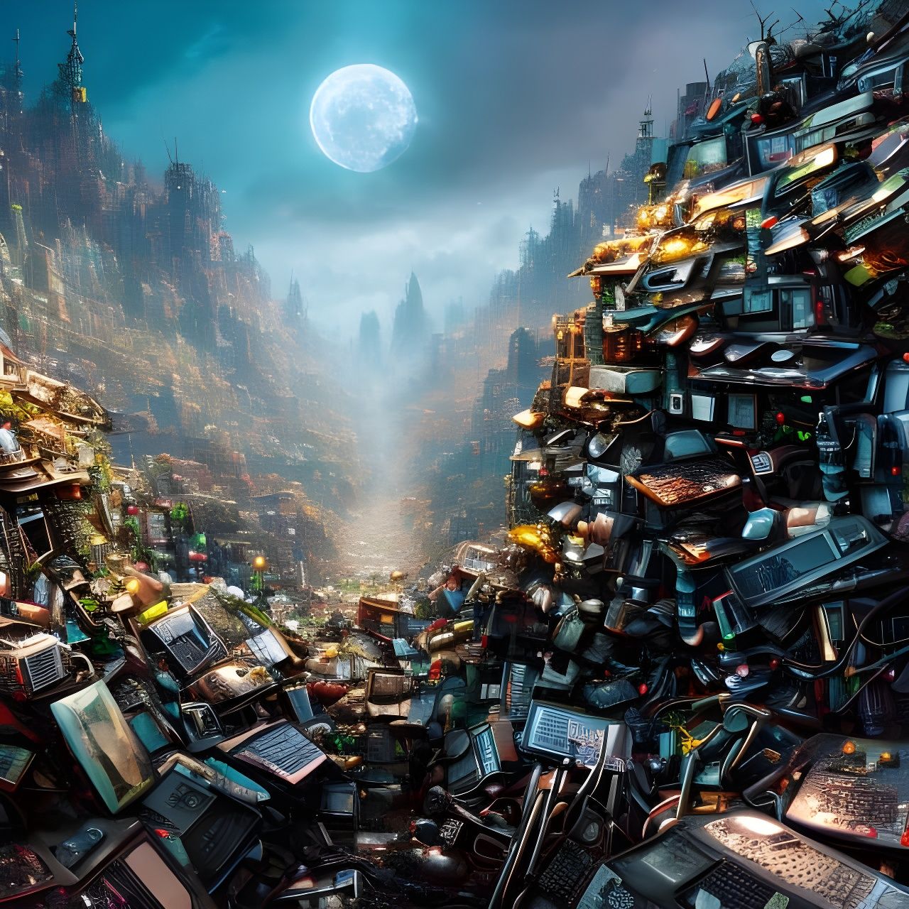 Surreal Computer Wasteland Inspired by Miyazaki and Burton