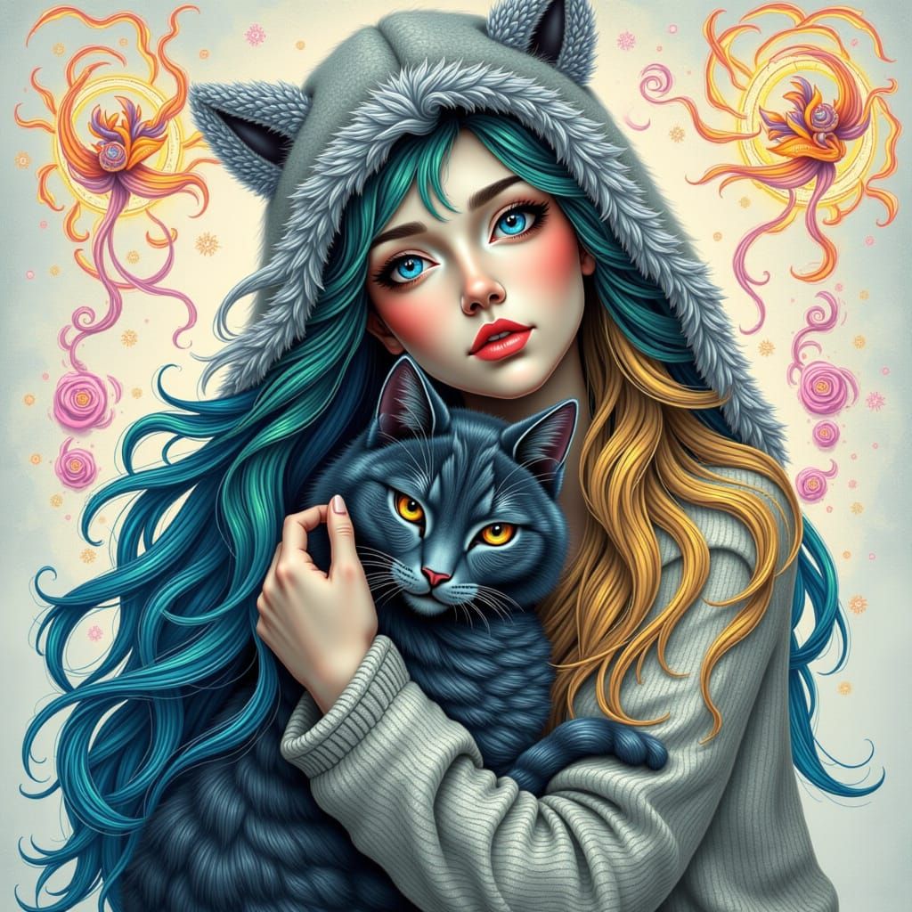 Woman with Cat in Surrealist Dreamscape