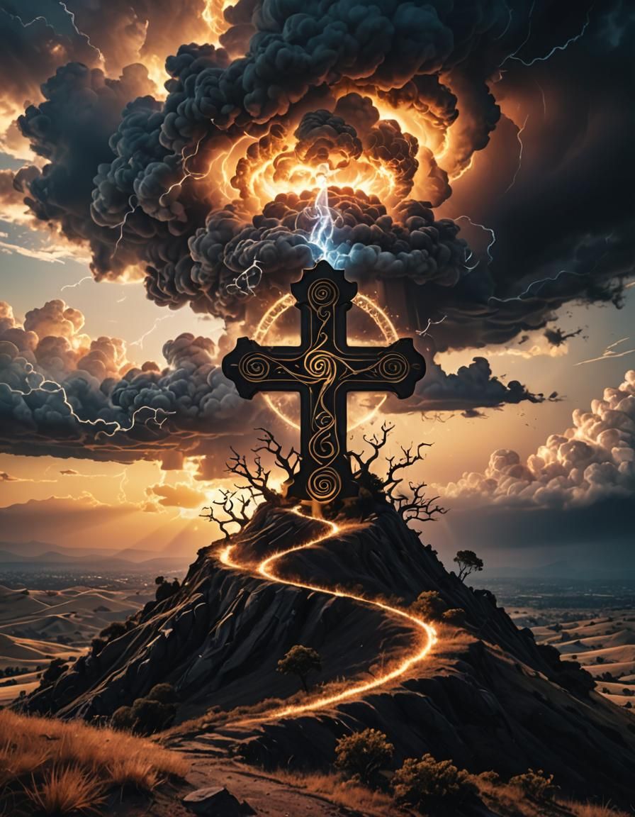 Radiant Cross Formed From Smoke on Hilltop