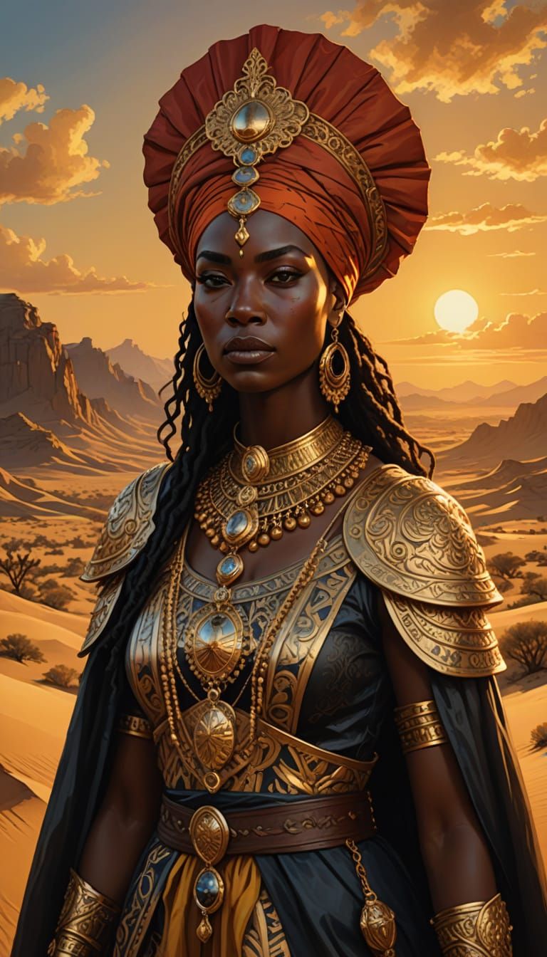 Ebony Warrior Queen in Baroque Desert Landscape