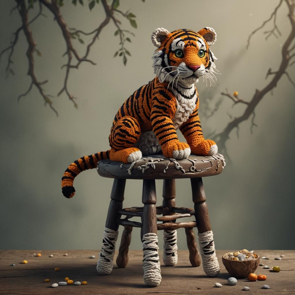 Crocheted Tiger on Stool: Detailed Digital Art