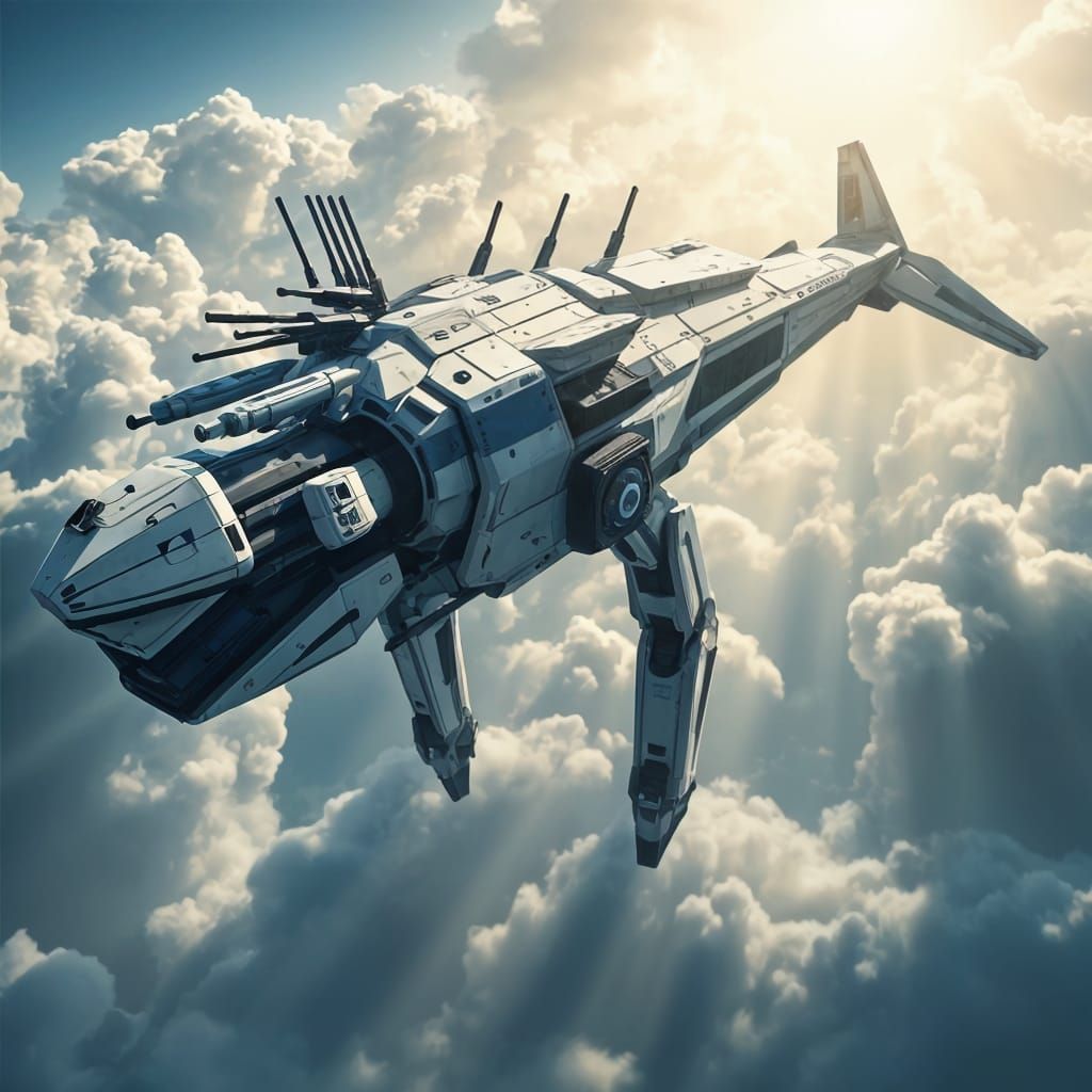 Cyberpunk Mechanical Leviathan Soars Through Clouds in Epic ...