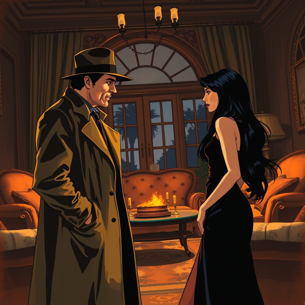 Noir Comic Book Scene in California Mansion