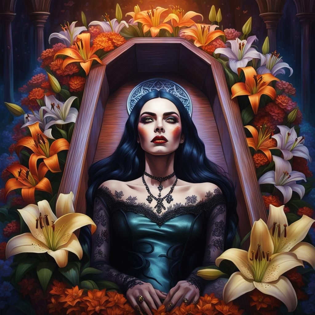 Gothic Girl in Coffin with Lilies: Hyperrealistic Concept Ar...