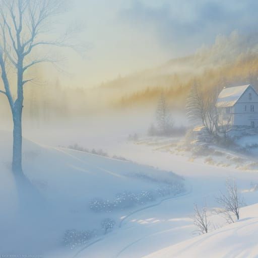 Ethereal Watercolor Village in Sunlit Snow