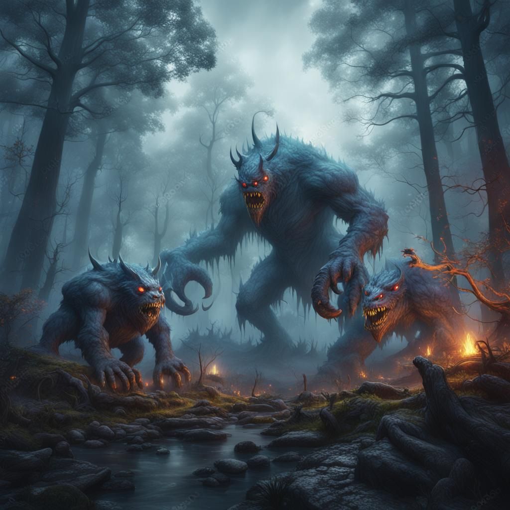 Monsters in Foggy Forest: Fantasy Concept Art