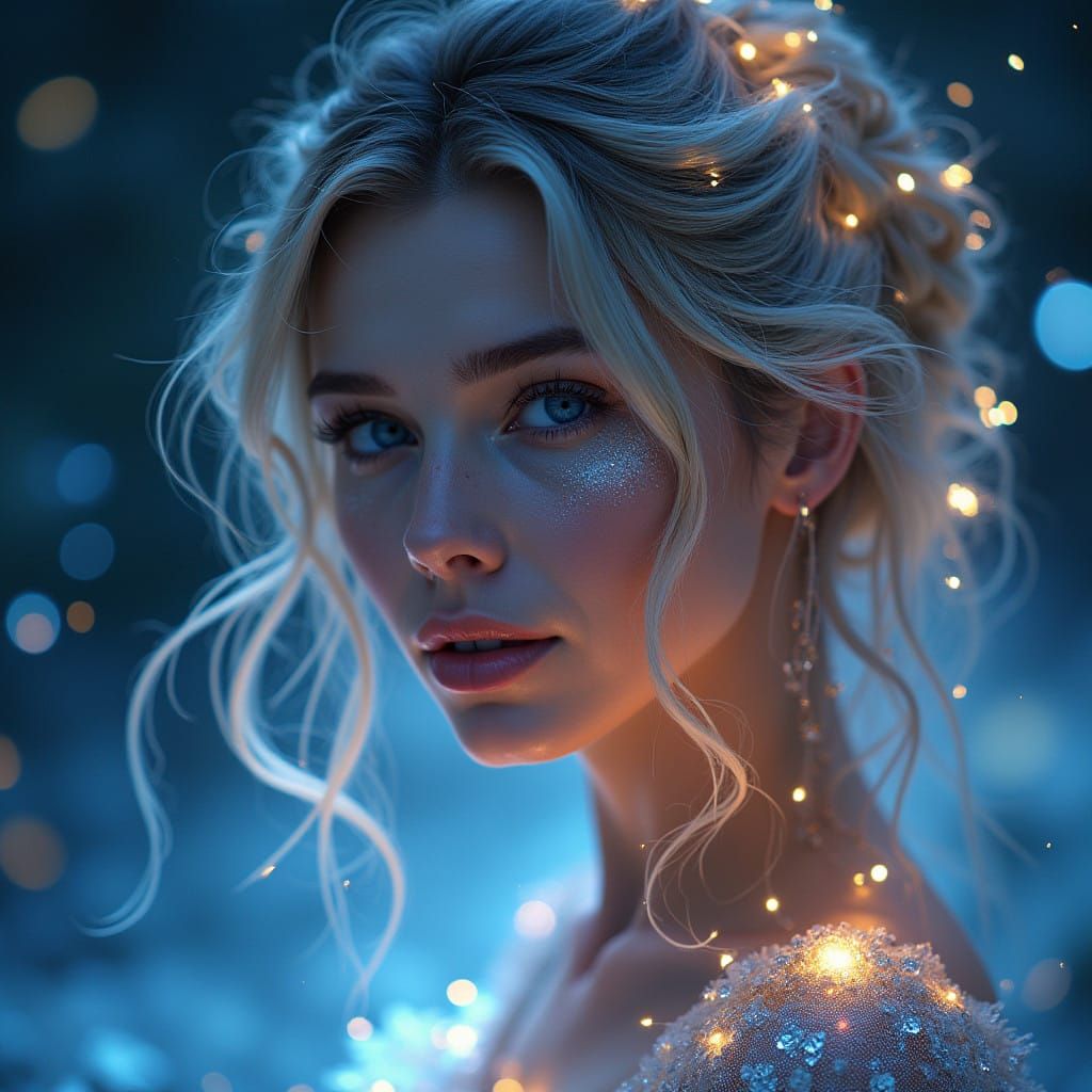 Ethereal Woman in Iridescent Starlight