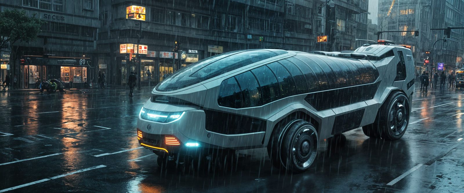Futuristic Robotic Bus on Rainy Street