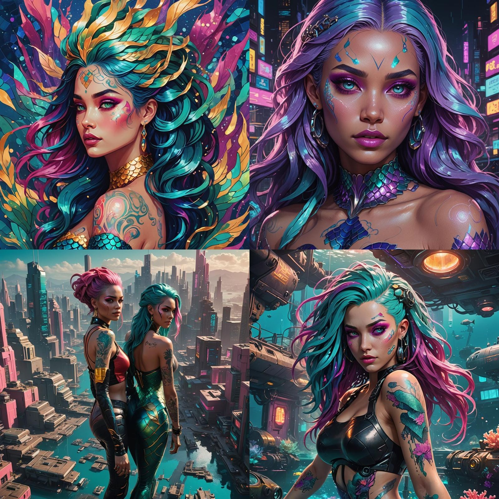 Colorful Steampunk Mermaid with Flowing Blue Hair