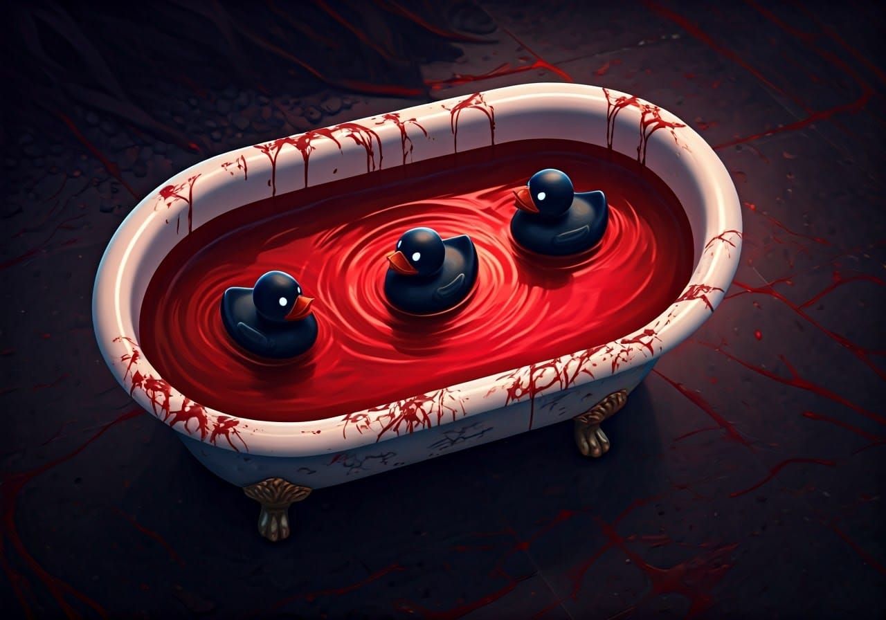 Blood-Red Tub Scene with Glowing Rubber Duckies in Detailed ...