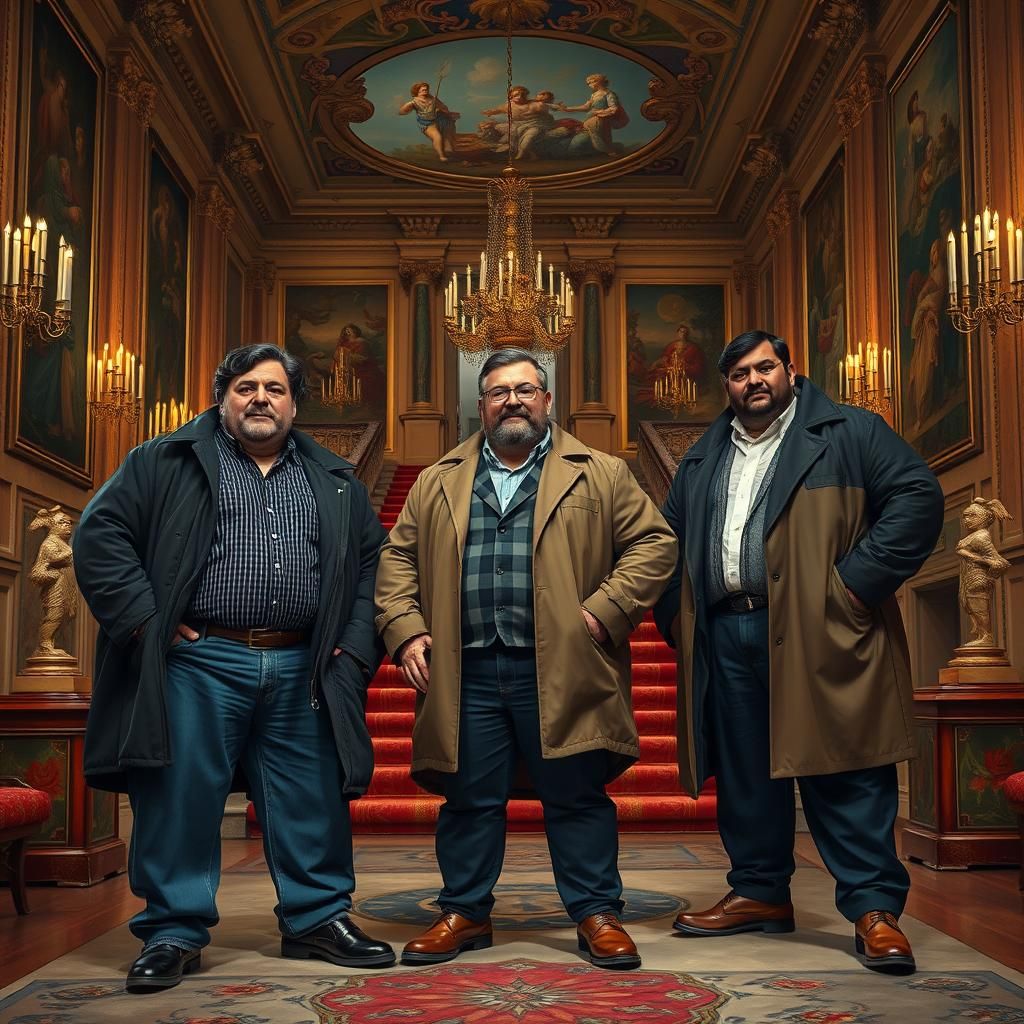 Plus Size Men in Baroque Hall: Gouache Impressionist Art