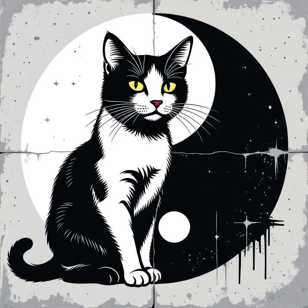 Yin Yang Cat Stencil in Banksy Street Art Style