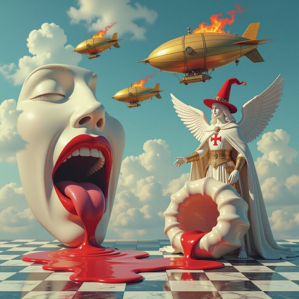 Surreal Dreamscape with Dali Style Figures and Steampunk Zep...