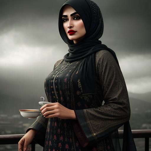 Hyperrealistic Woman in Hijab Drinking Tea in Rain