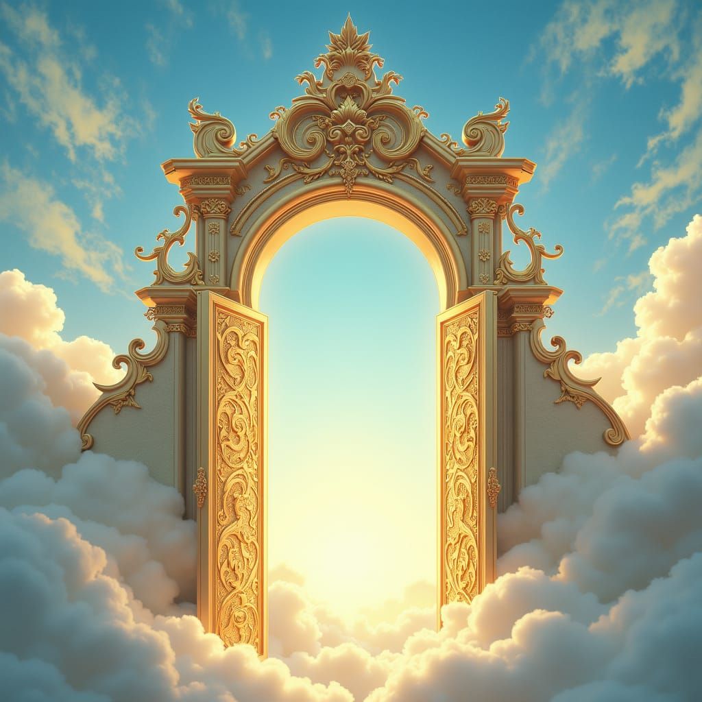 Ethereal Gate in Clouds with Golden Filigree