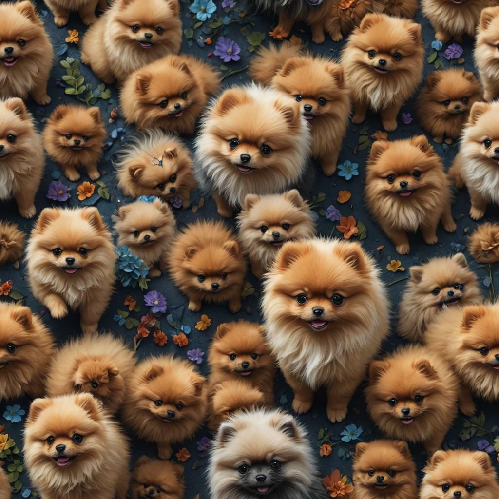 Cute Pomeranian Puppy with Flowers in Detailed Matte Paintin...