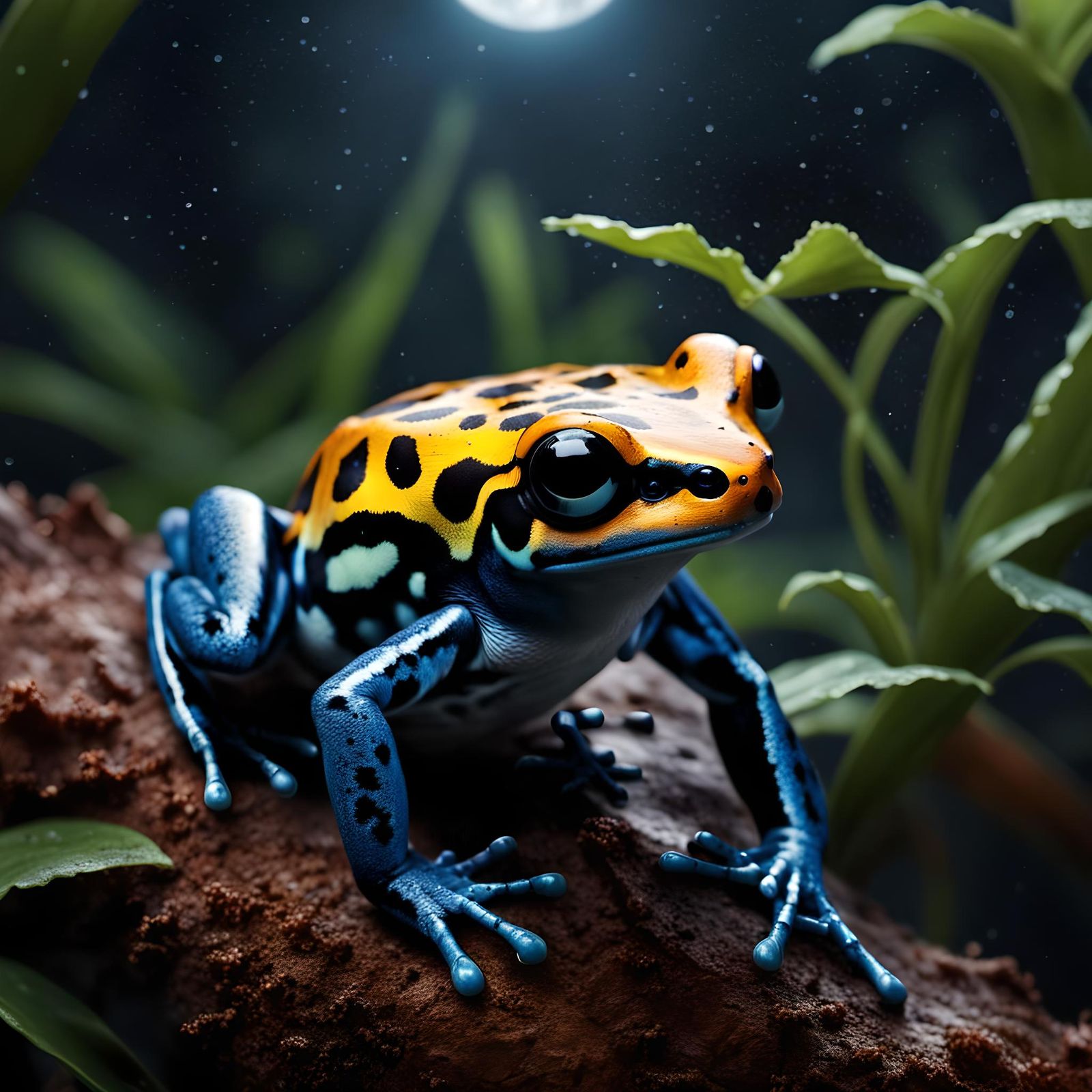 Macro Closeup of a Poison Dart Frog in a Moonlit Scene