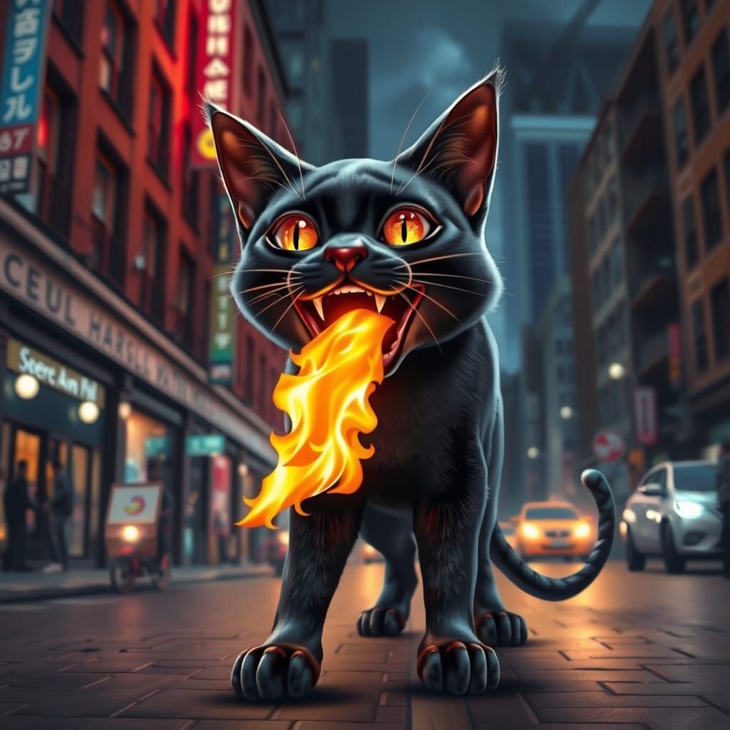 Cyberpunk Cat Ignites Firelit Cityscape