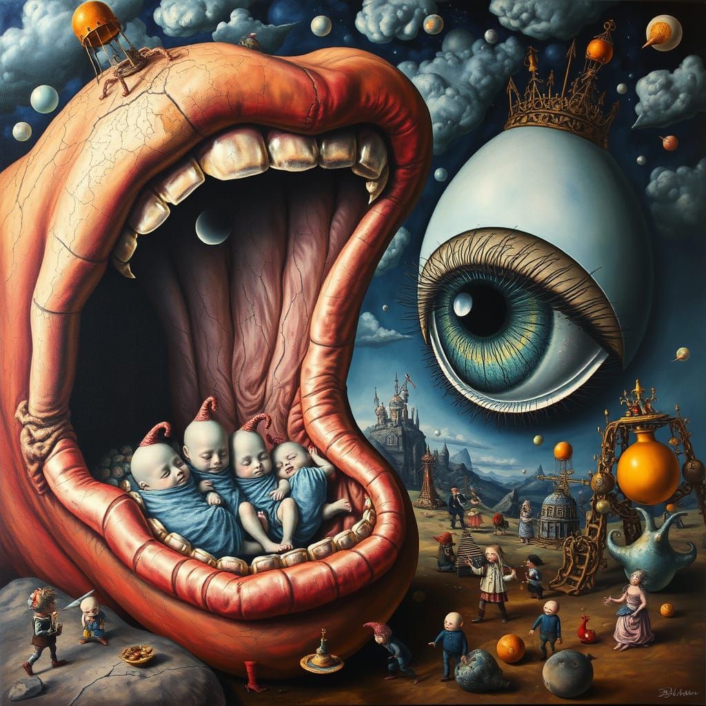 Surreal Dreamscape Painting of Mouth Holding Infants