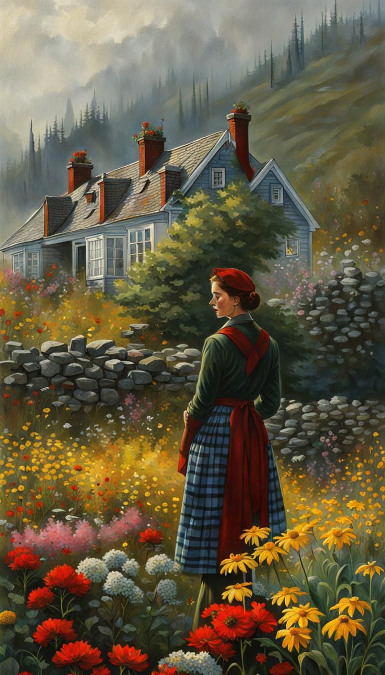 Scottish Woman in Misty Floral Landscape