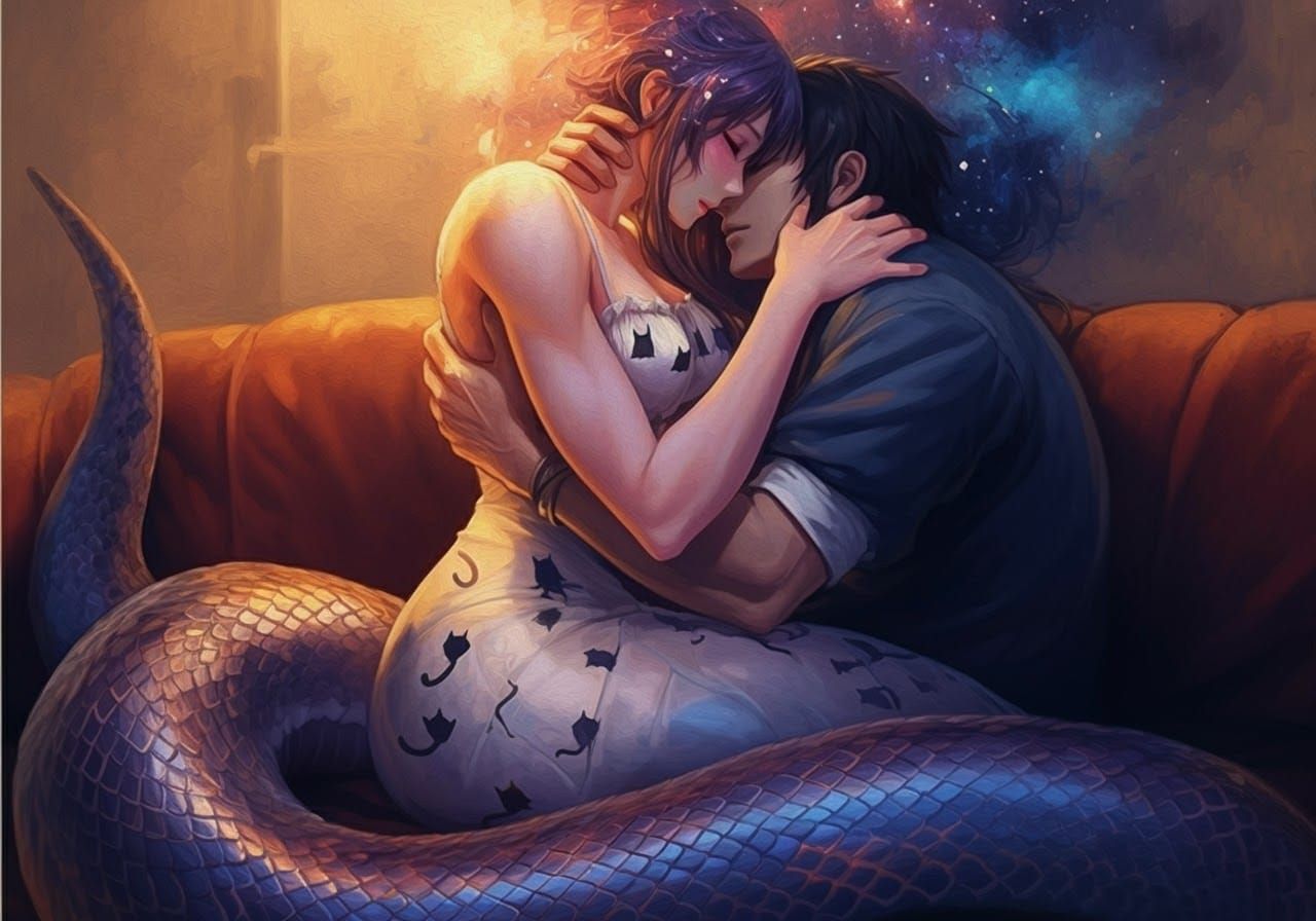 Anime Snake Goddess Embraces Lover in Pastel Hues