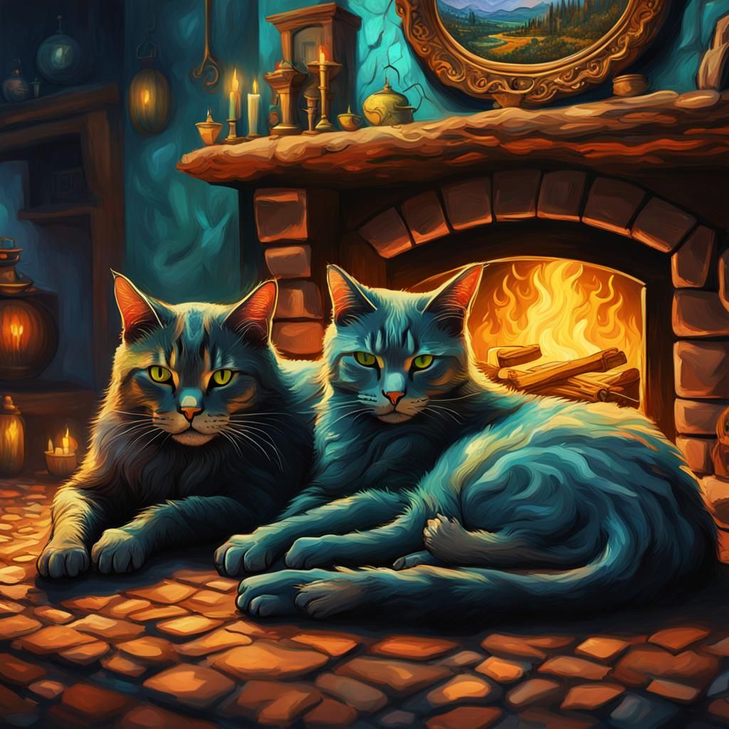 Cats Dreaming in Van Gogh Style by Fireplace
