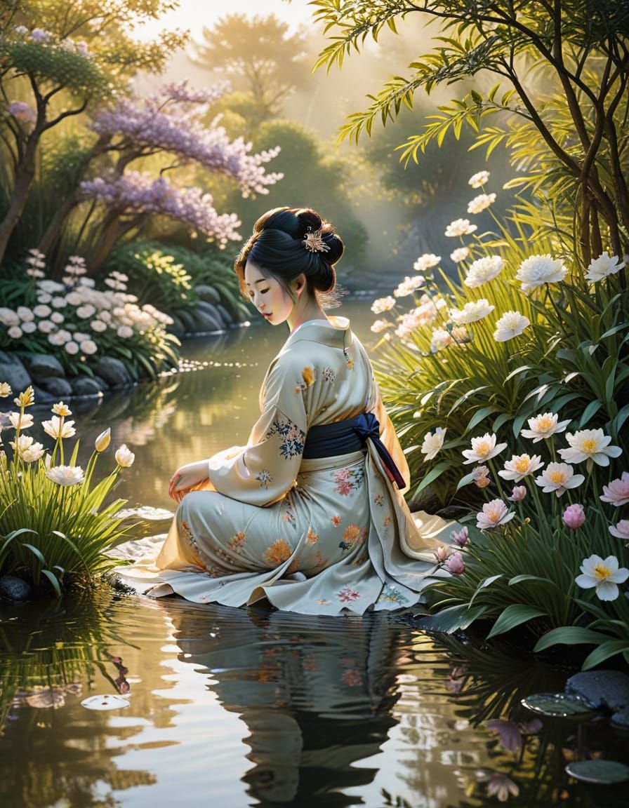 Elegant Geisha Surrounded by Golden Motifs in a Serene Japan...