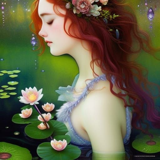 Crying Red-Haired Fairy in Rainy Fantasy Scene