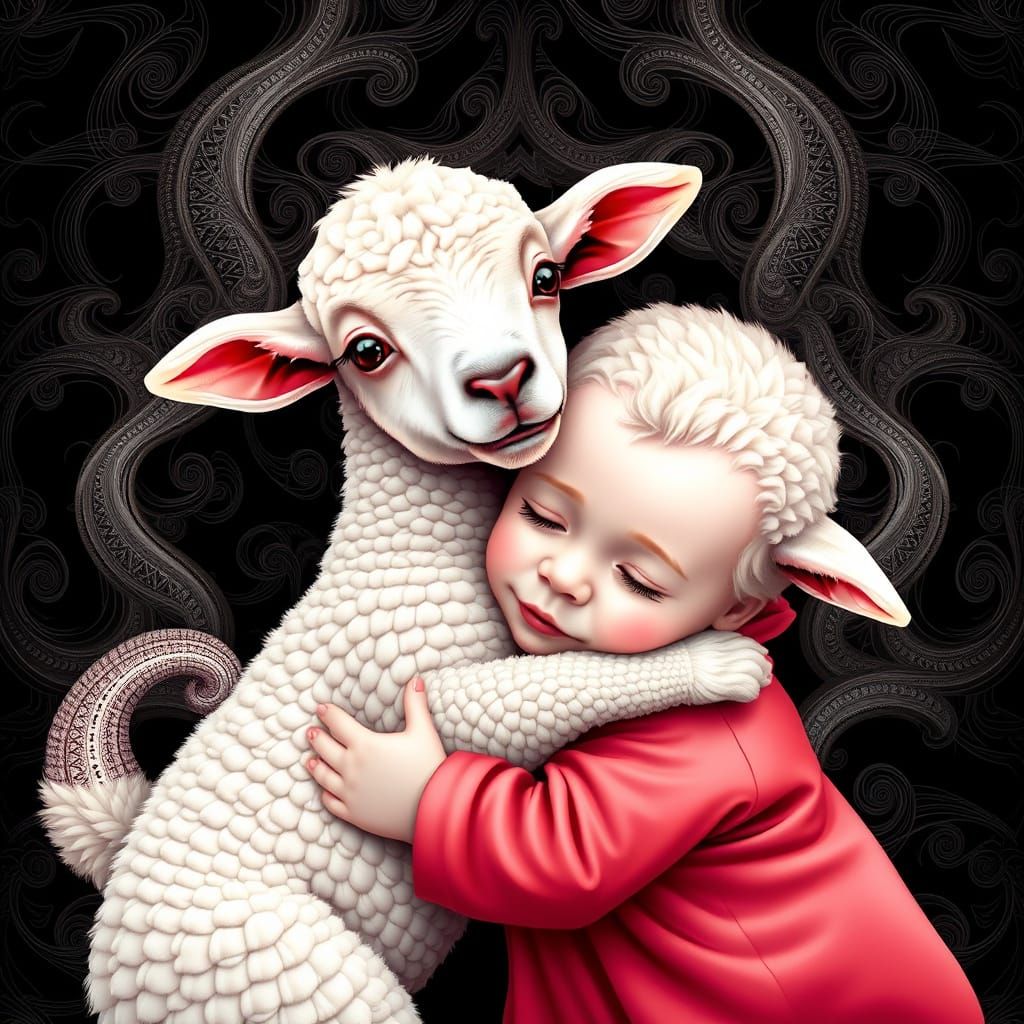 Surreal Newborn Lamb and Child Hug in Whimsical Vector Art