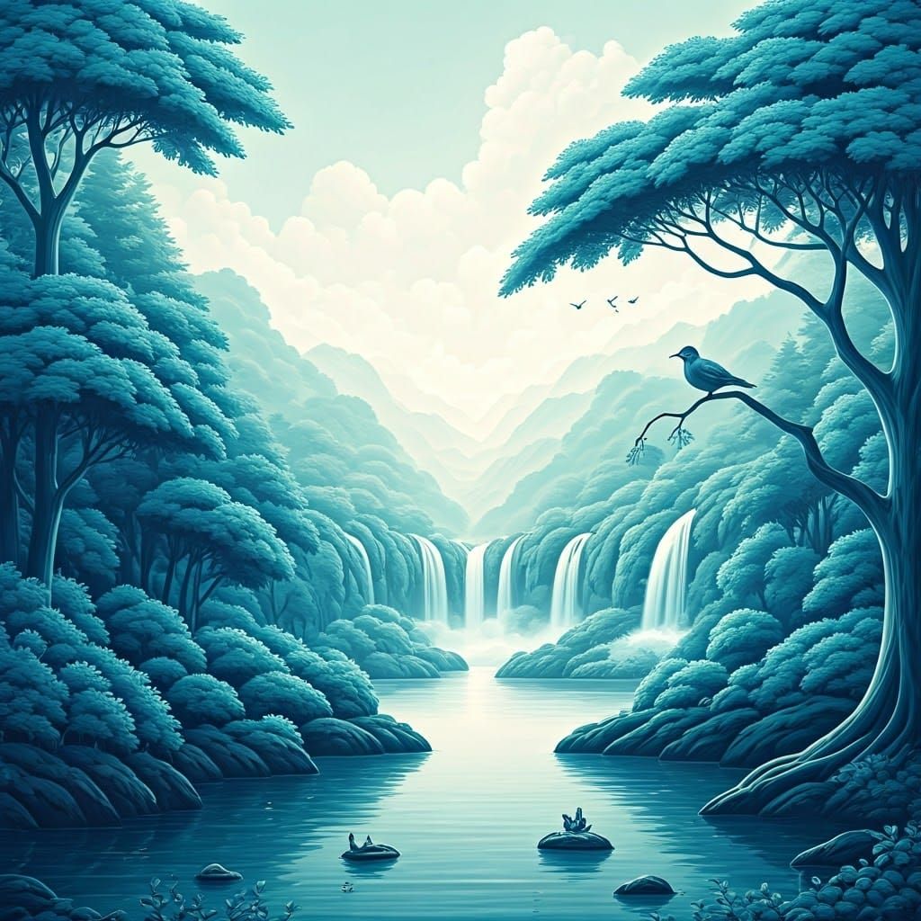 Idyllic Blue Landscape with Bird, Romantic Realism