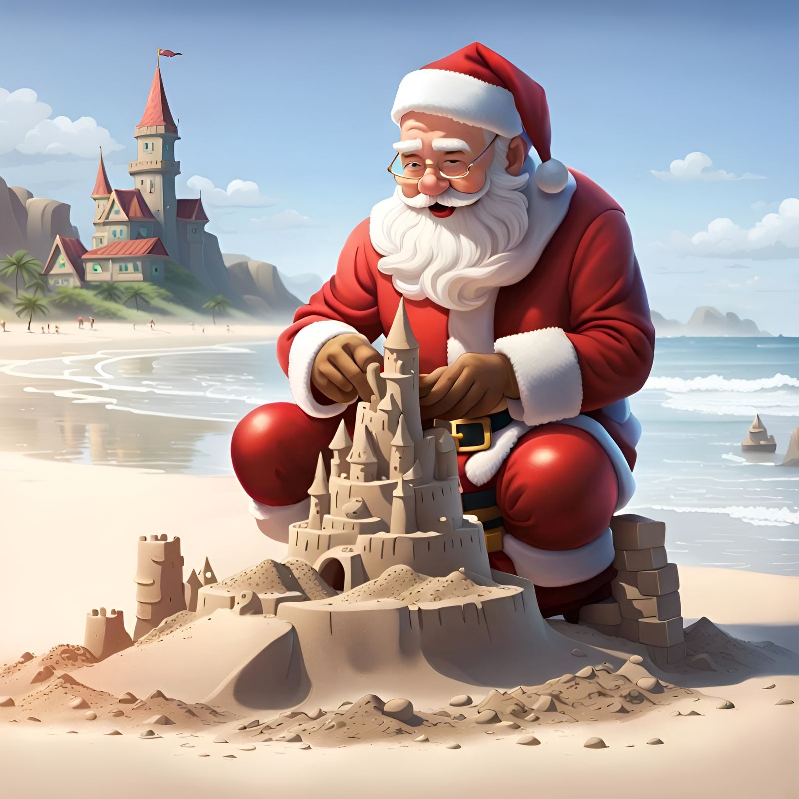 Santa Claus Builds Sandcastle on Beach: Digital Illustration