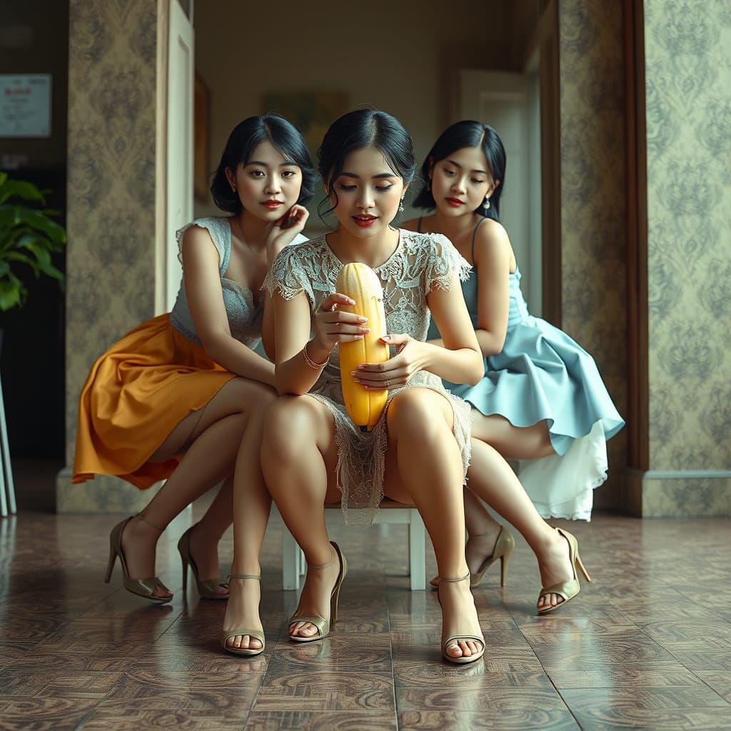 Hyperrealistic Women Eating Banana, Cinematic Illustration