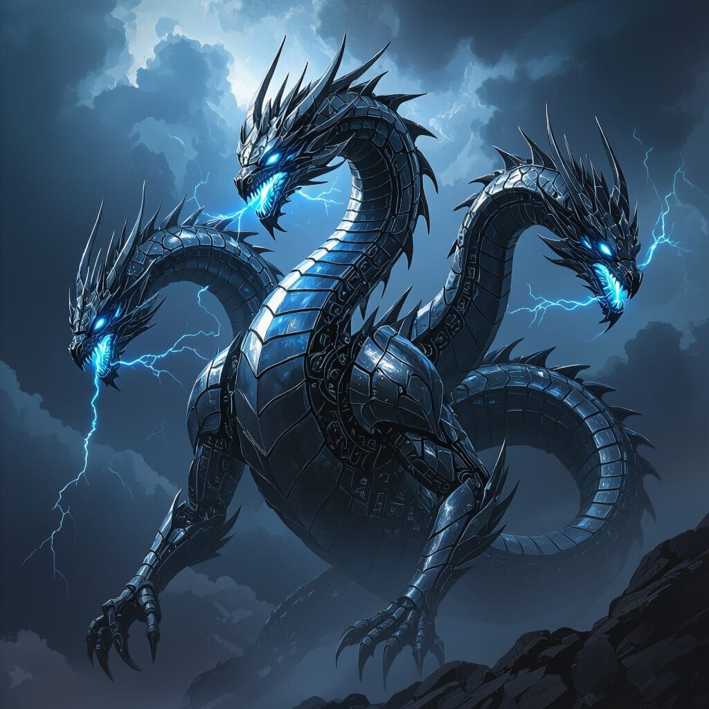 Colossal Silver and Blue Metal Hydra Dragon in Dark Fantasy