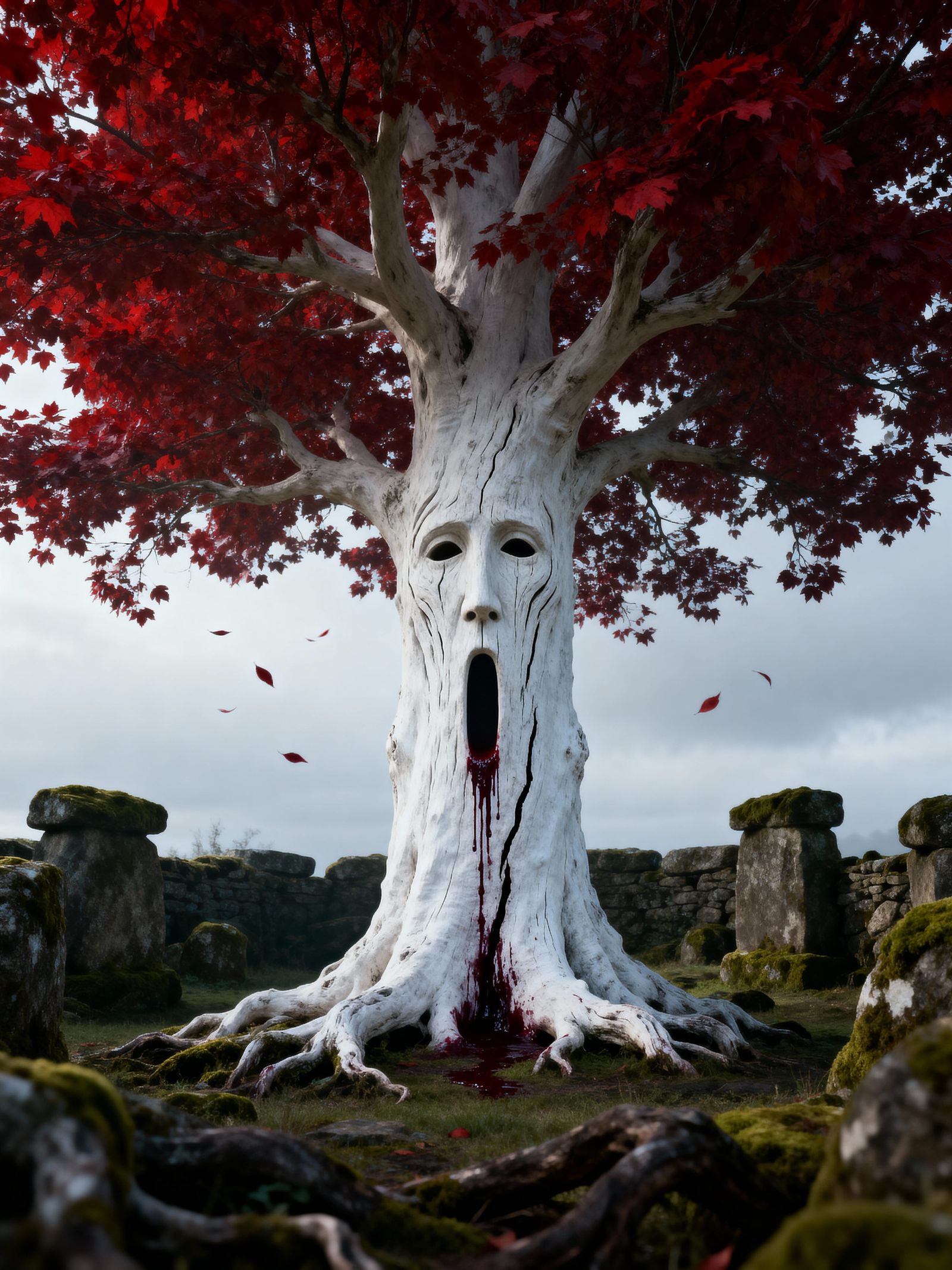 Ancient Weirwood Tree With Carved Face and Red Leaves