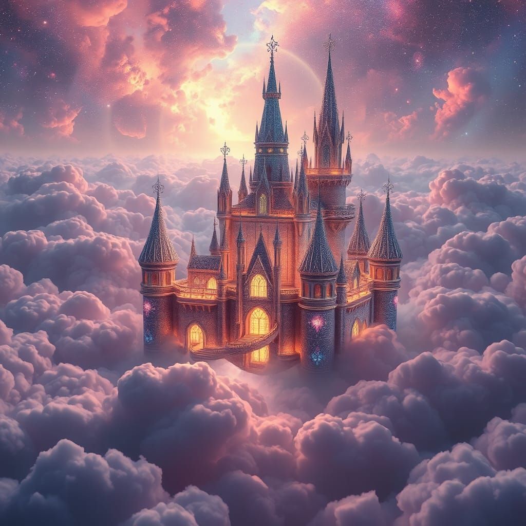 Iridescent Galaxy Castle Among Fluffy Clouds