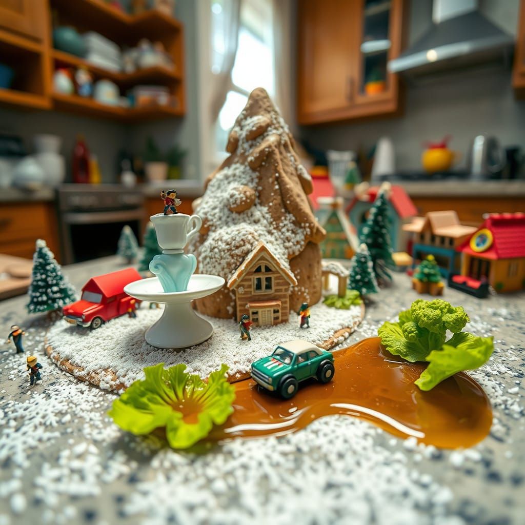 Whimsical Miniature Metropolis on a Kitchen Counter