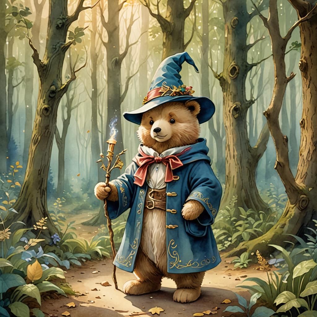 Wizard Teddy Bear in Mystical Forest, Watercolor Illustratio...